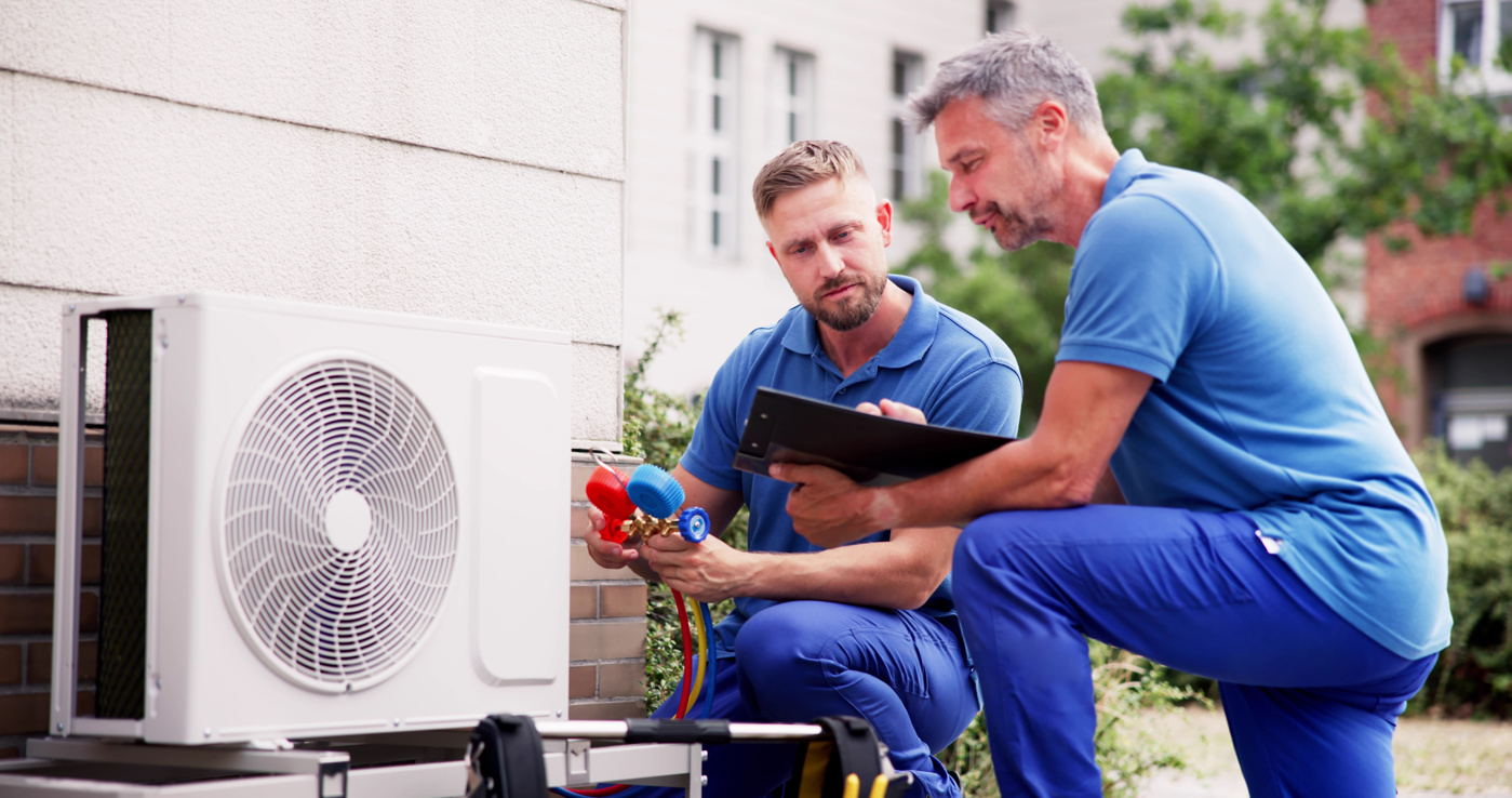 Instandhaltungsfachmann mit eidg. Fachausweis kontrolliert die Funktionstätigkeit einer Klimaanlage.