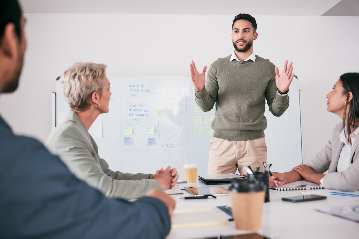 Management: Weiterbildung, Ausbildung, Kurs, Lehrgang Eine Führungsperson erläutert seine Idee an einer Management-Sitzung seinen Arbeitskollegen/-innen.