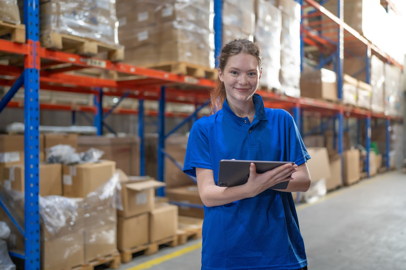 Sachbearbeiterin Logistik / Sachbearbeiter Logistik: Weiterbildung, Ausbildung Eine Sachbearbeiterin Logistik kontrolliert die Lagerbestände am Tablet.