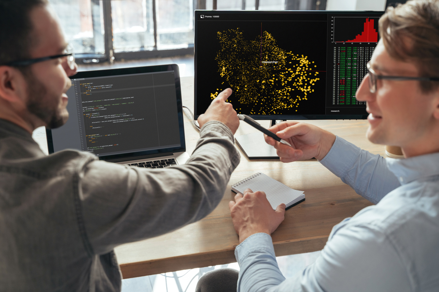 Zwei Data Scientists diskutieren, wie sie die Daten am besten grafisch darstellen könnten.