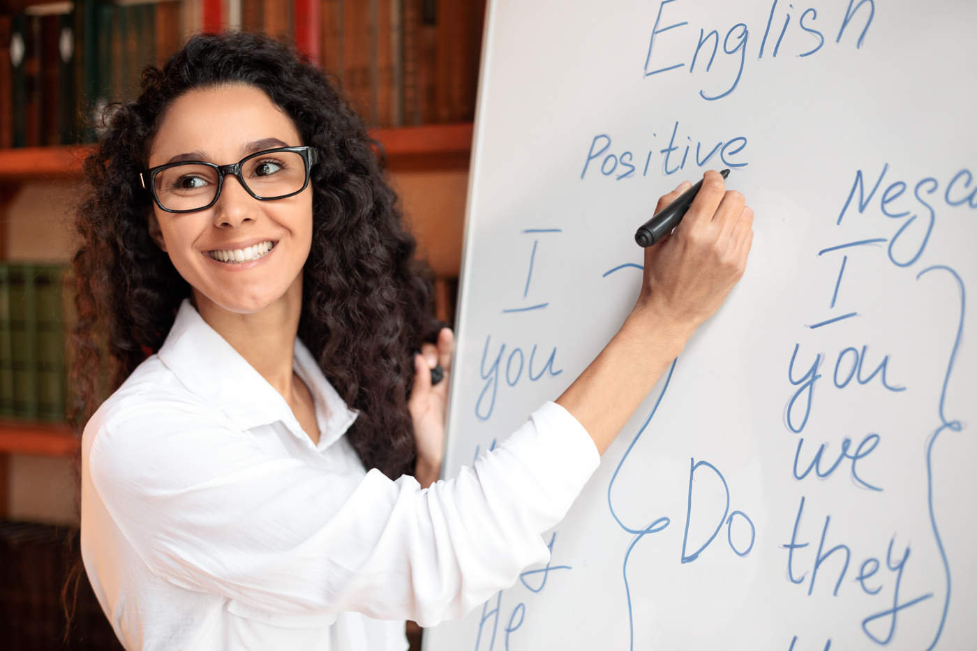 Eine Englischlehrerin erklärt ihren Schülern/-innen die englische Grammatik.