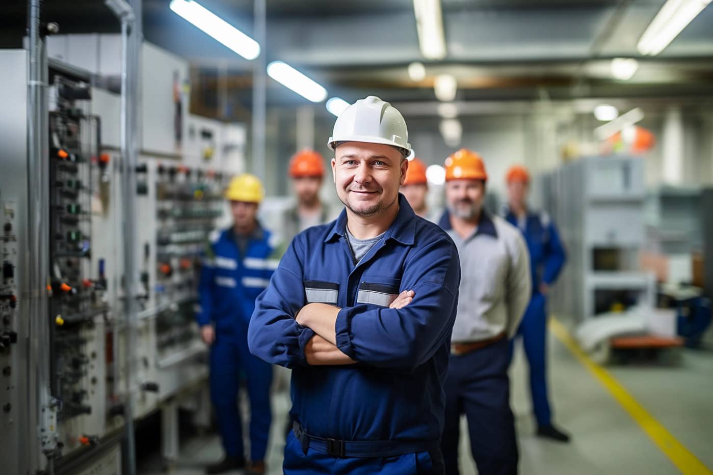 Gebäudetechniker HF sind in einem Industriebetrieb bei der Arbeit.