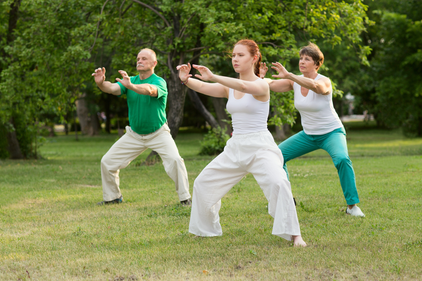 Eine Gruppe praktiziert Qi Gong in einem Park.